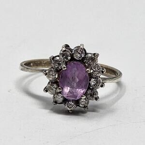 Vintage Amethyst & White Spinel Sterling Silver Size 9.5 Cluster Ring